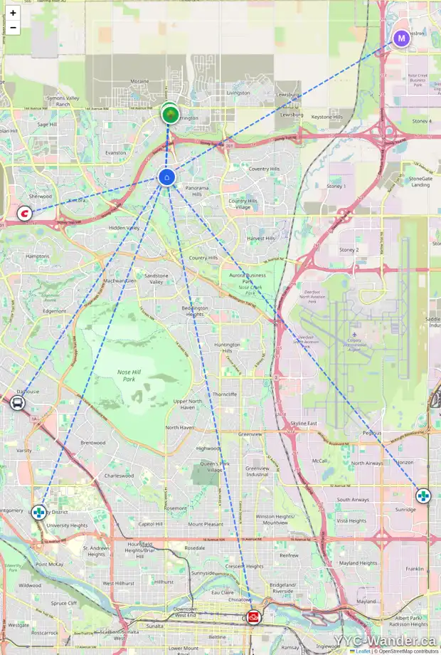 Daily accessibility map for 160 PANTEGO CL NW, Calgary showing nearby schools, grocery stores, parks, LRT stations and nearby amenities