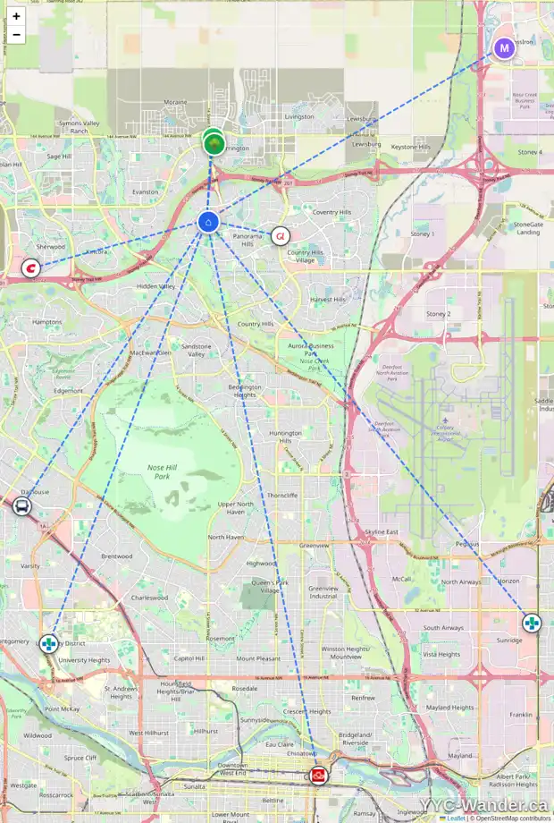 Daily accessibility map for 172 PANTEGO CL NW, Calgary showing nearby schools, grocery stores, parks, LRT stations and nearby amenities