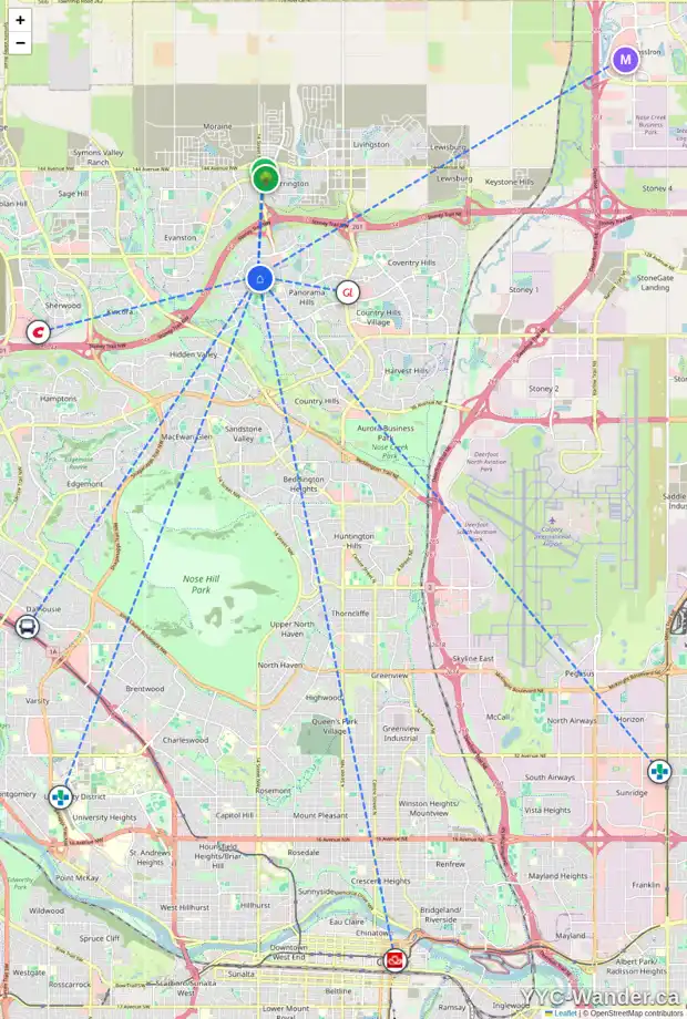 Daily accessibility map for 129 PANTEGO TC NW, Calgary showing nearby schools, grocery stores, parks, LRT stations and nearby amenities