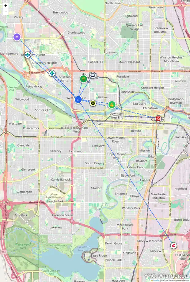 Daily accessibility map for 2 2318 2 AV NW, Calgary showing nearby schools, grocery stores, parks, LRT stations and nearby amenities