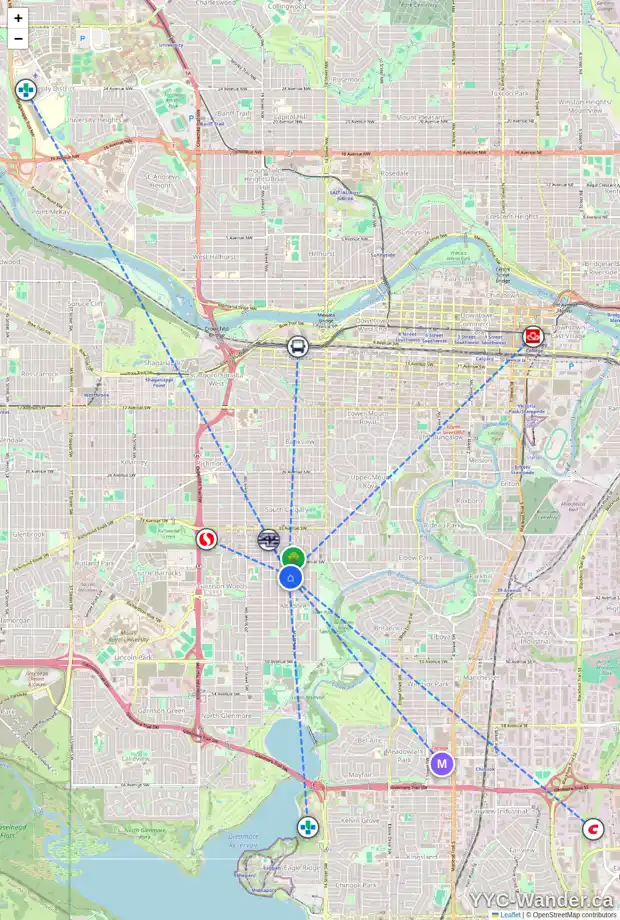 Daily accessibility map for 4018 16A ST SW, Calgary showing nearby schools, grocery stores, parks, LRT stations and nearby amenities