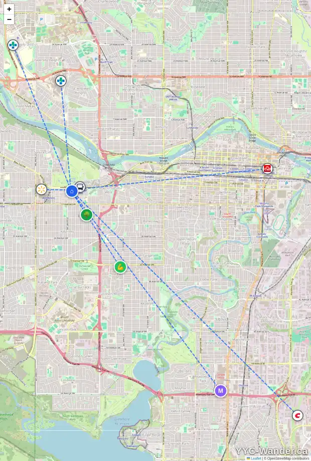 Daily accessibility map for 1413 28 ST SW, Calgary showing nearby schools, grocery stores, parks, LRT stations and nearby amenities