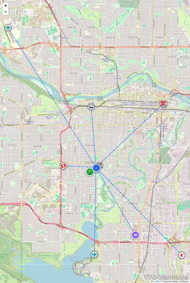 Daily accessibility map for 1 3530 15 ST SW, Calgary showing nearby schools, grocery stores, parks, LRT stations and nearby amenities