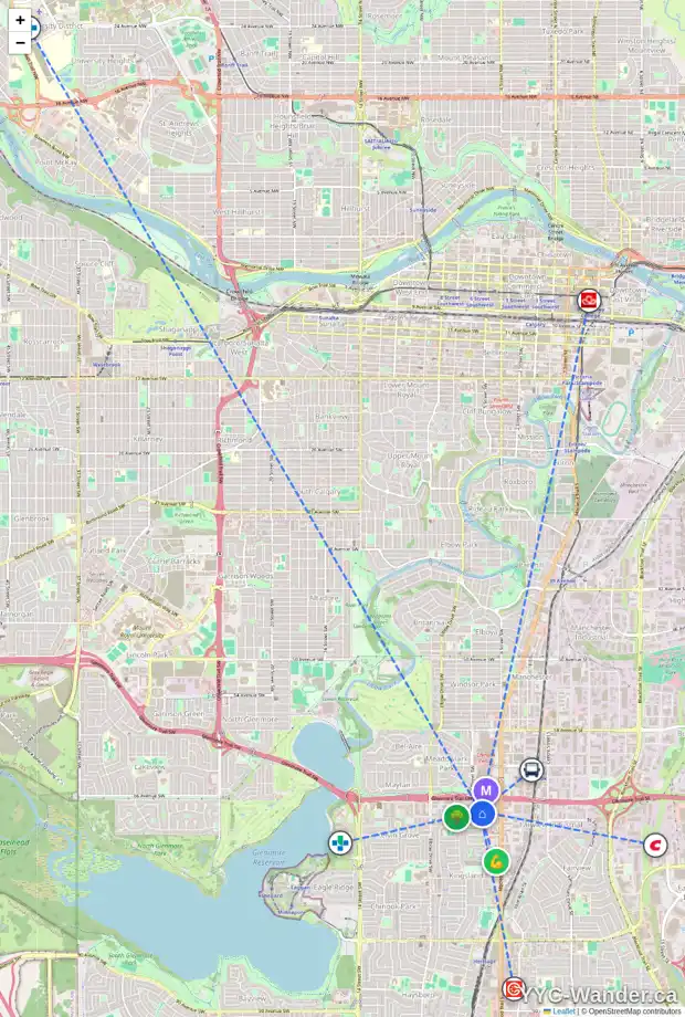 Daily accessibility map for 3 609 67 AV SW, Calgary showing nearby schools, grocery stores, parks, LRT stations and nearby amenities