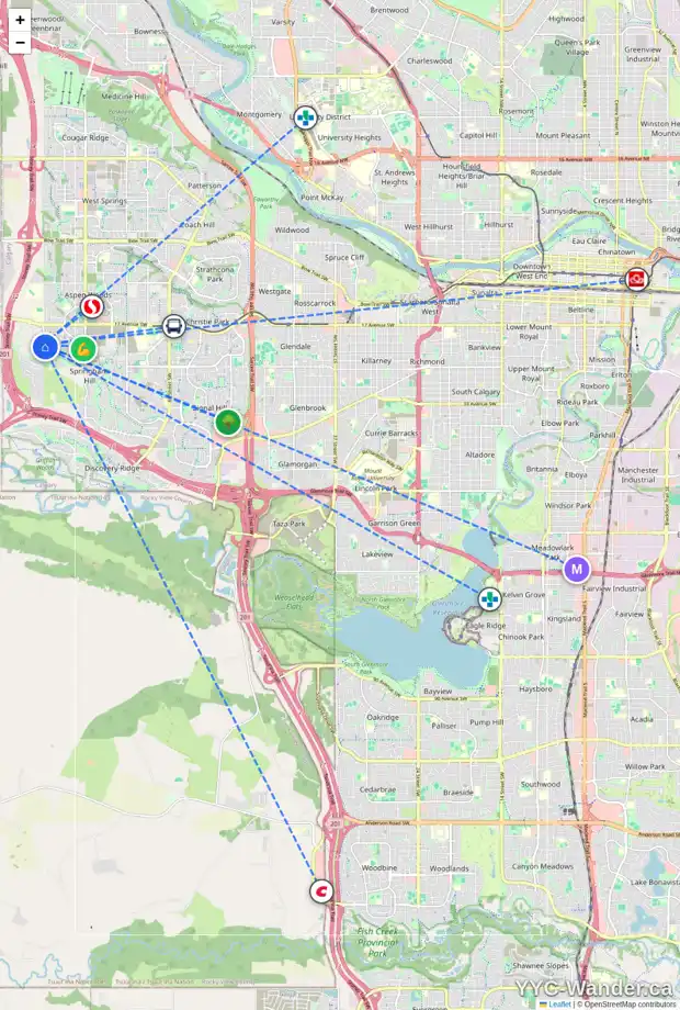 Daily accessibility map for 10 POSTHILL DR SW, Calgary showing nearby schools, grocery stores, parks, LRT stations and nearby amenities