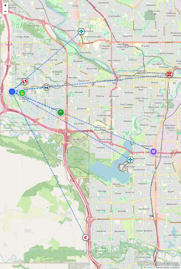 Daily accessibility map for 6 POSTHILL DR SW, Calgary showing nearby schools, grocery stores, parks, LRT stations and nearby amenities