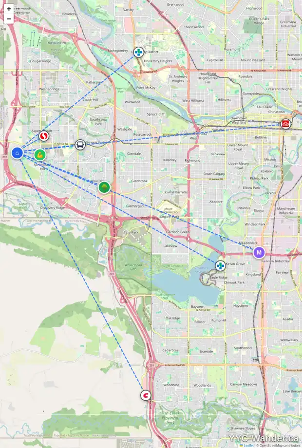 Daily accessibility map for 70 POSTHILL DR SW, Calgary showing nearby schools, grocery stores, parks, LRT stations and nearby amenities