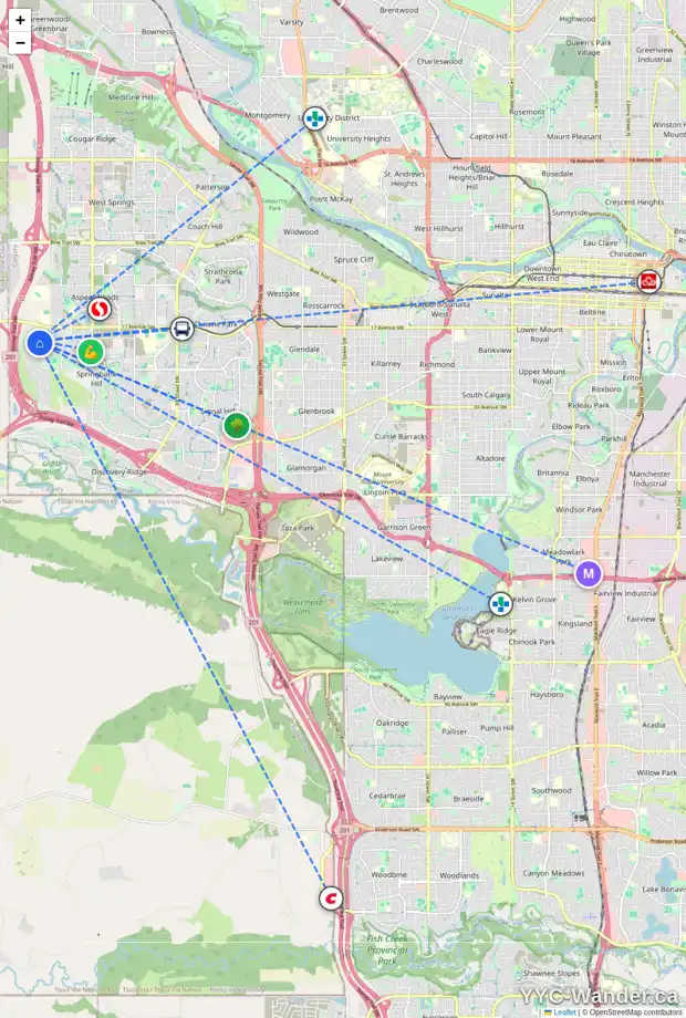 Daily accessibility map for 100 POSTHILL DR SW, Calgary showing nearby schools, grocery stores, parks, LRT stations and nearby amenities
