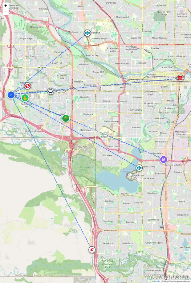 Daily accessibility map for 104 POSTHILL DR SW, Calgary showing nearby schools, grocery stores, parks, LRT stations and nearby amenities