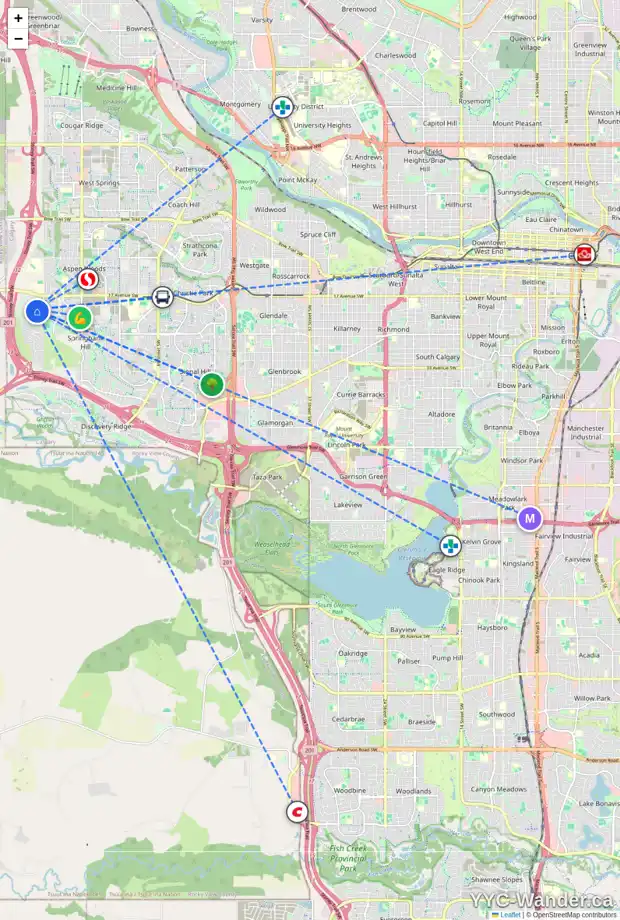 Daily accessibility map for 93 POSTHILL DR SW, Calgary showing nearby schools, grocery stores, parks, LRT stations and nearby amenities