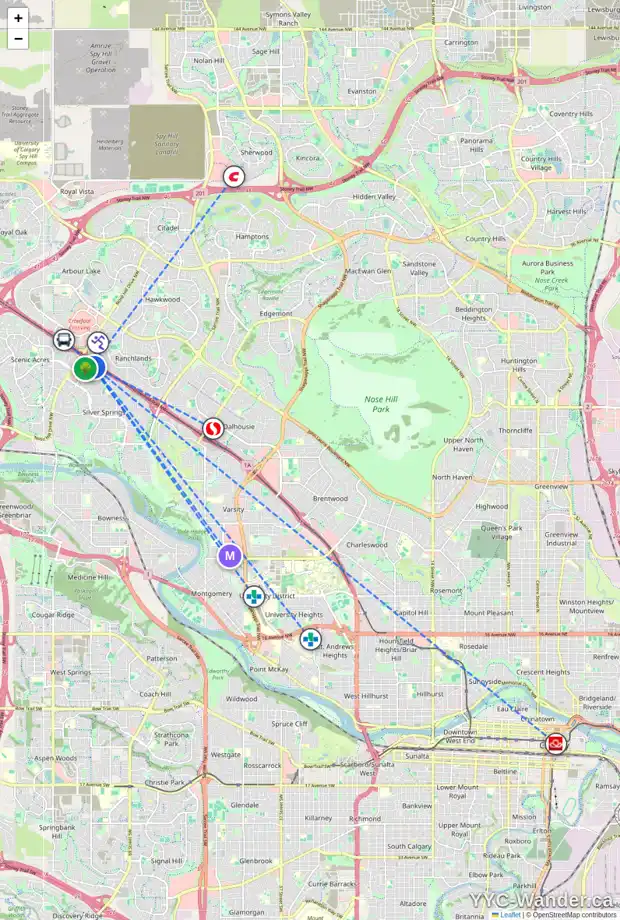 Daily accessibility map for 334A SILVERGROVE PL NW, Calgary showing nearby schools, grocery stores, parks, LRT stations and nearby amenities