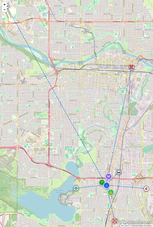 Daily accessibility map for 631 69 AV SW, Calgary showing nearby schools, grocery stores, parks, LRT stations and nearby amenities