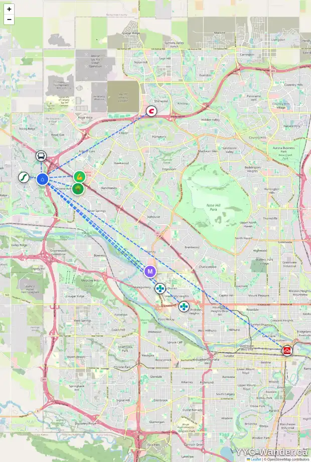 Daily accessibility map for 1208 10221 TUSCANY BV NW, Calgary showing nearby schools, grocery stores, parks, LRT stations and nearby amenities