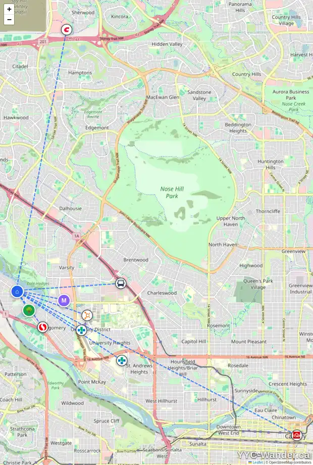 Daily accessibility map for 211 6228 BOWNESS RD NW, Calgary showing nearby schools, grocery stores, parks, LRT stations and nearby amenities