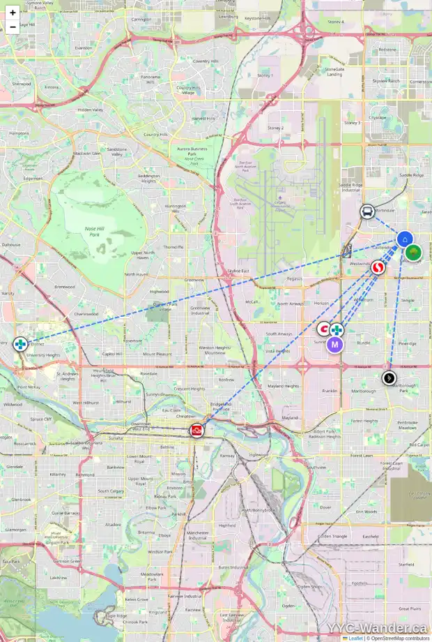 Daily accessibility map for 80 CASTLERIDGE WY NE, Calgary showing nearby schools, grocery stores, parks, LRT stations and nearby amenities