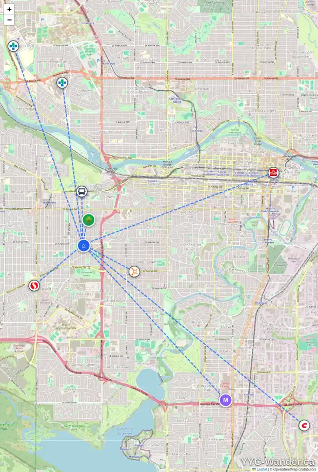 Daily accessibility map for 2804 26A ST SW, Calgary showing nearby schools, grocery stores, parks, LRT stations and nearby amenities