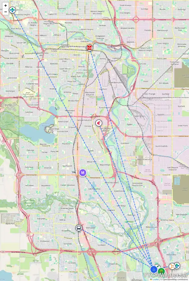 Daily accessibility map for 104 CRANRIDGE CR SE, Calgary showing nearby schools, grocery stores, parks, LRT stations and nearby amenities
