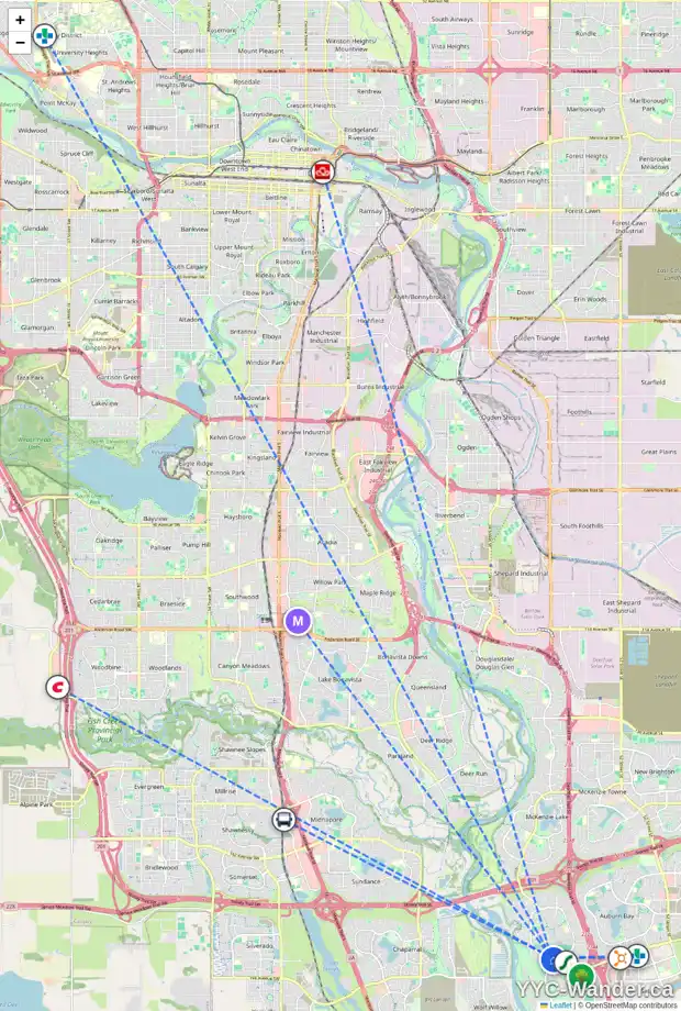Daily accessibility map for 2 CRANRIDGE TC SE, Calgary showing nearby schools, grocery stores, parks, LRT stations and nearby amenities