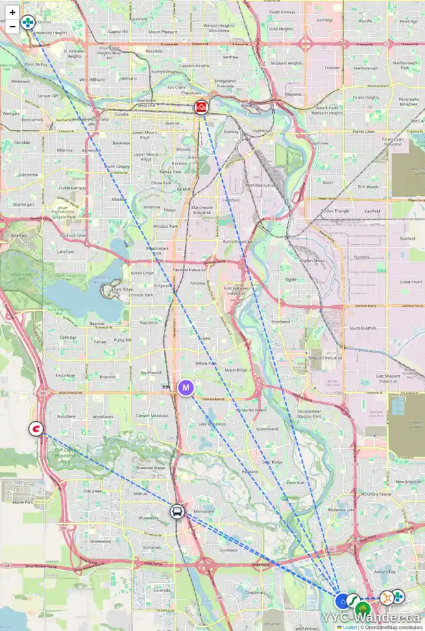 Daily accessibility map for 31 CRANRIDGE TC SE, Calgary showing nearby schools, grocery stores, parks, LRT stations and nearby amenities