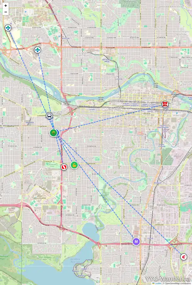 Daily accessibility map for 2018 25A ST SW, Calgary showing nearby schools, grocery stores, parks, LRT stations and nearby amenities