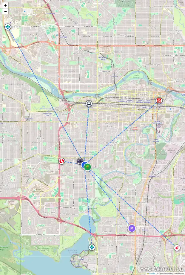 Daily accessibility map for 1738 37 AV SW, Calgary showing nearby schools, grocery stores, parks, LRT stations and nearby amenities