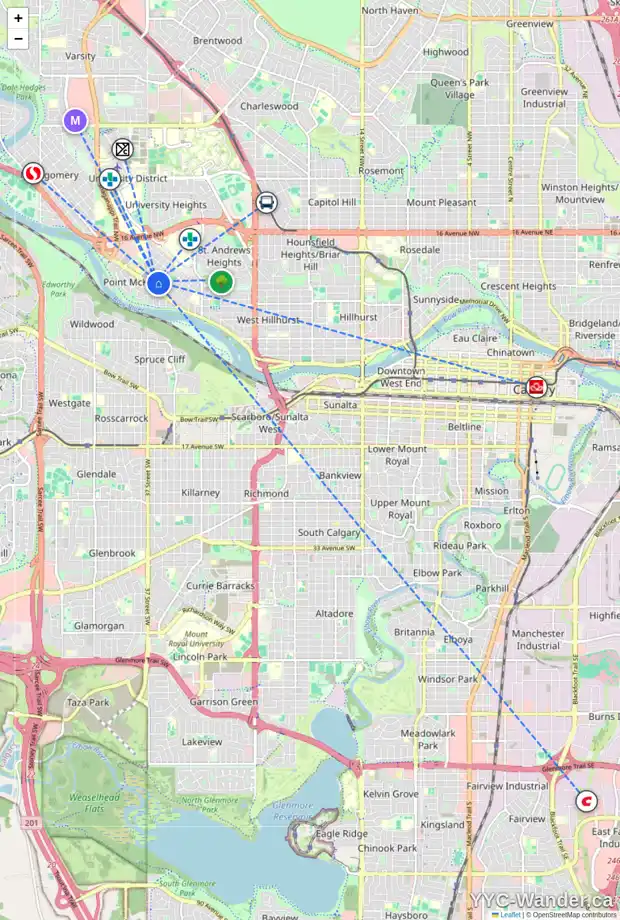 Daily accessibility map for 521 35 ST NW, Calgary showing nearby schools, grocery stores, parks, LRT stations and nearby amenities