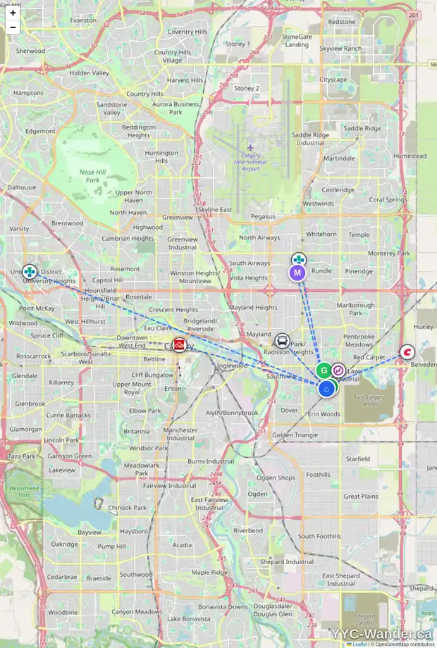 Daily accessibility map for 2727A 46 ST SE, Calgary showing nearby schools, grocery stores, parks, LRT stations and nearby amenities