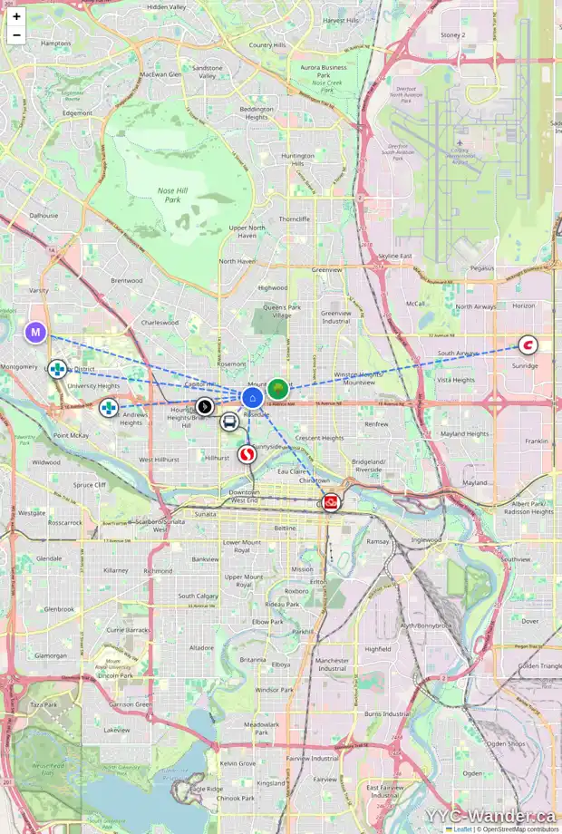 Daily accessibility map for 1019 18 AV NW, Calgary showing nearby schools, grocery stores, parks, LRT stations and nearby amenities