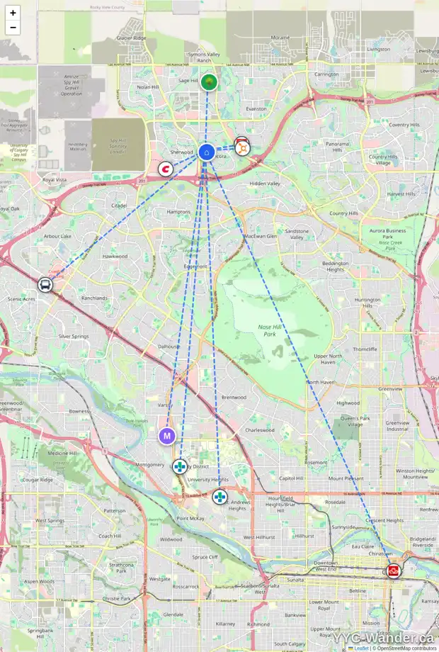 Daily accessibility map for 595 KINCORA DR NW, Calgary showing nearby schools, grocery stores, parks, LRT stations and nearby amenities