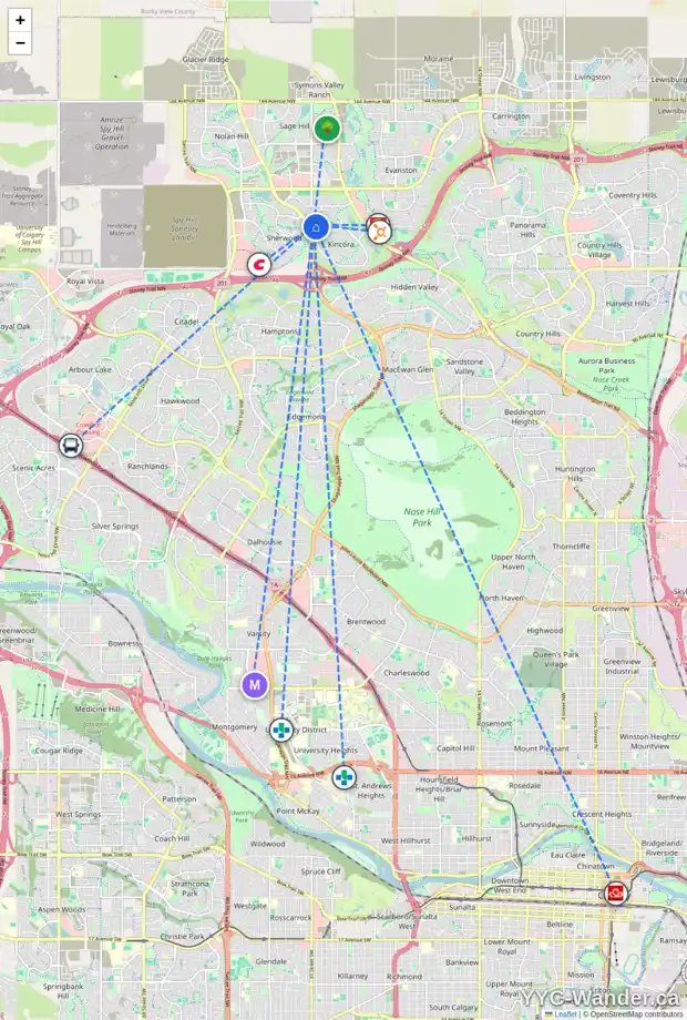 Daily accessibility map for 120 KINCORA HL NW, Calgary showing nearby schools, grocery stores, parks, LRT stations and nearby amenities