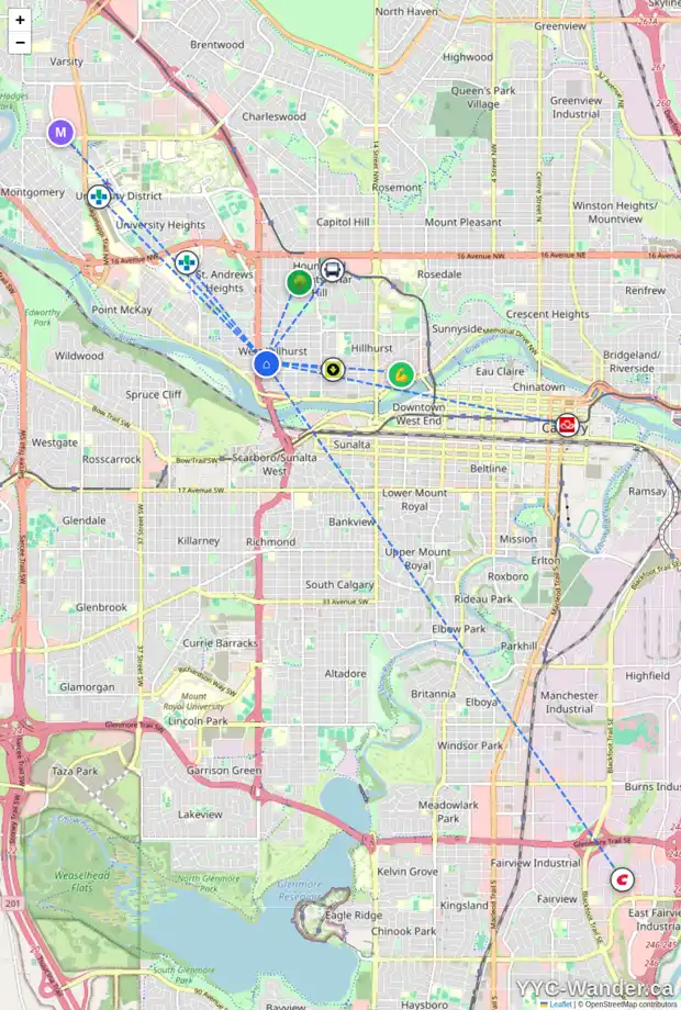 Daily accessibility map for 2424 1 AV NW, Calgary showing nearby schools, grocery stores, parks, LRT stations and nearby amenities