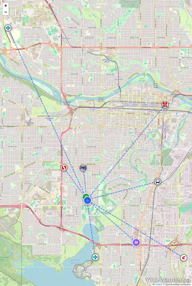 Daily accessibility map for 1746 48 AV SW, Calgary showing nearby schools, grocery stores, parks, LRT stations and nearby amenities