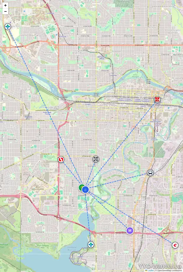Daily accessibility map for 1723 47 AV SW, Calgary showing nearby schools, grocery stores, parks, LRT stations and nearby amenities