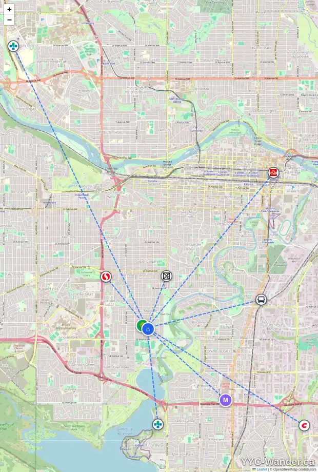 Daily accessibility map for 1725 47 AV SW, Calgary showing nearby schools, grocery stores, parks, LRT stations and nearby amenities