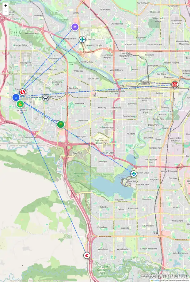 Daily accessibility map for 239 ASPEN STONE BV SW, Calgary showing nearby schools, grocery stores, parks, LRT stations and nearby amenities