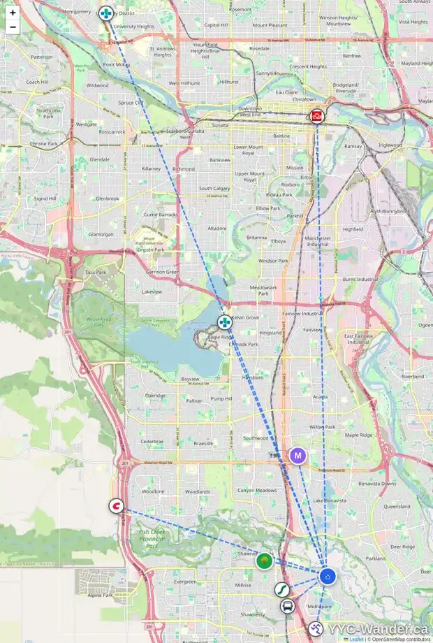 Daily accessibility map for 96 MIDRIDGE CL SE, Calgary showing nearby schools, grocery stores, parks, LRT stations and nearby amenities