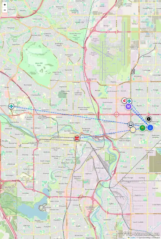 Daily accessibility map for 5502 4 AV NE, Calgary showing nearby schools, grocery stores, parks, LRT stations and nearby amenities