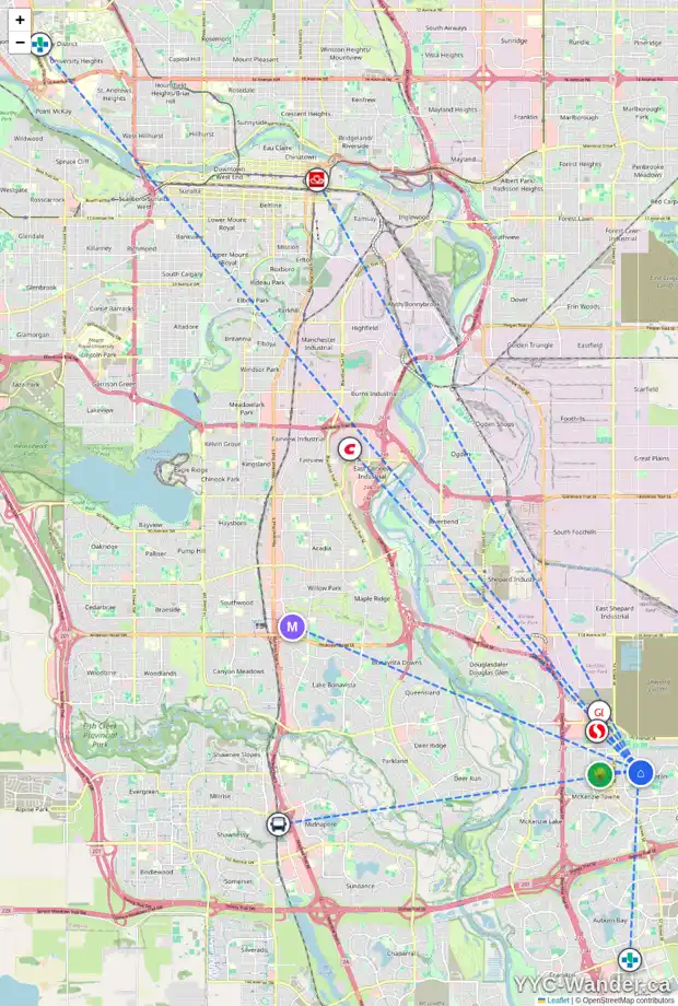 Daily accessibility map for 46 BRIGHTONSTONE CM SE, Calgary showing nearby schools, grocery stores, parks, LRT stations and nearby amenities
