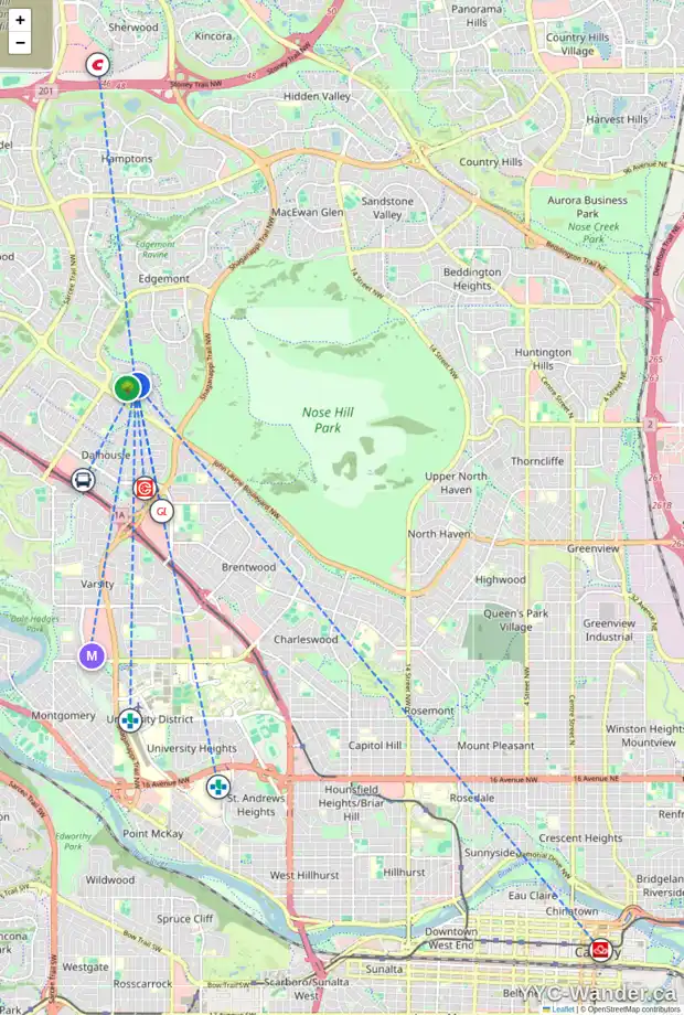 Daily accessibility map for 6947 EDGEMONT DR NW, Calgary showing nearby schools, grocery stores, parks, LRT stations and nearby amenities