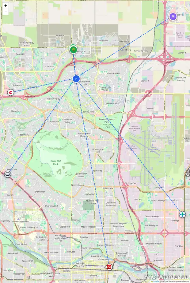 Daily accessibility map for 28 PANATELLA ST NW, Calgary showing nearby schools, grocery stores, parks, LRT stations and nearby amenities