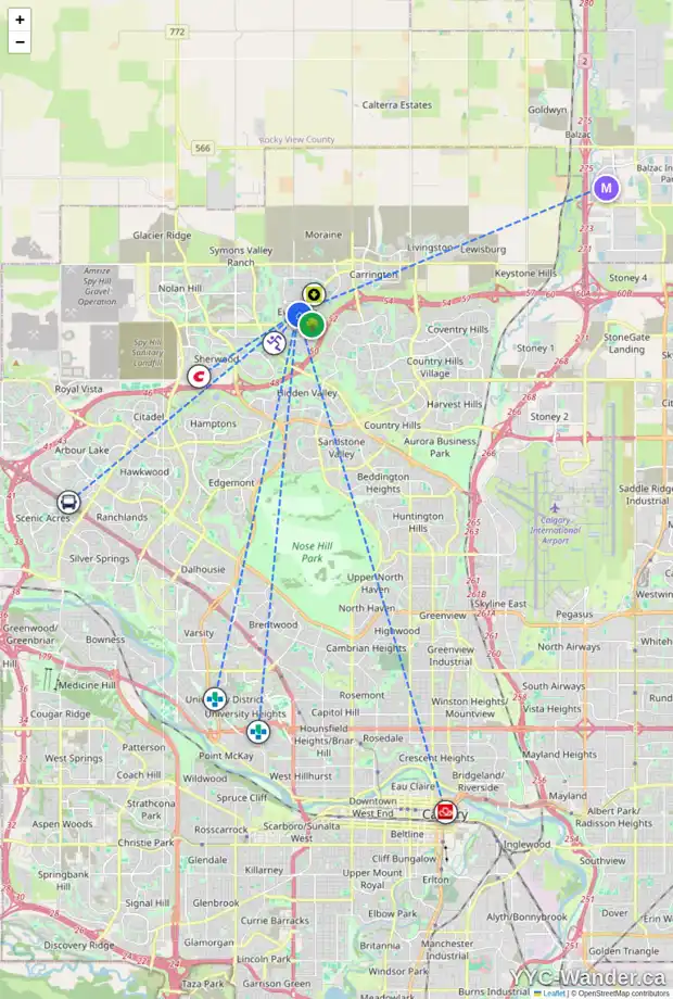 Daily accessibility map for 153 EVANSPARK CI NW, Calgary showing nearby schools, grocery stores, parks, LRT stations and nearby amenities
