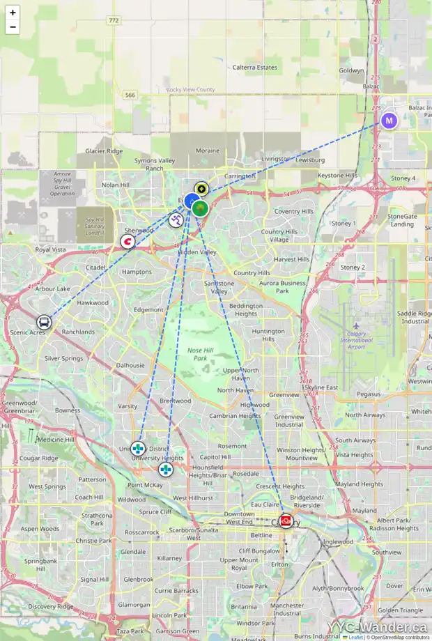 Daily accessibility map for 154 EVANSPARK CI NW, Calgary showing nearby schools, grocery stores, parks, LRT stations and nearby amenities