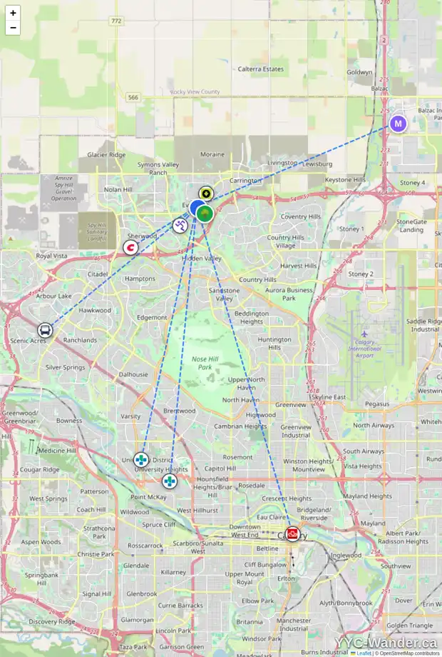 Daily accessibility map for 376 EVANSPARK CI NW, Calgary showing nearby schools, grocery stores, parks, LRT stations and nearby amenities