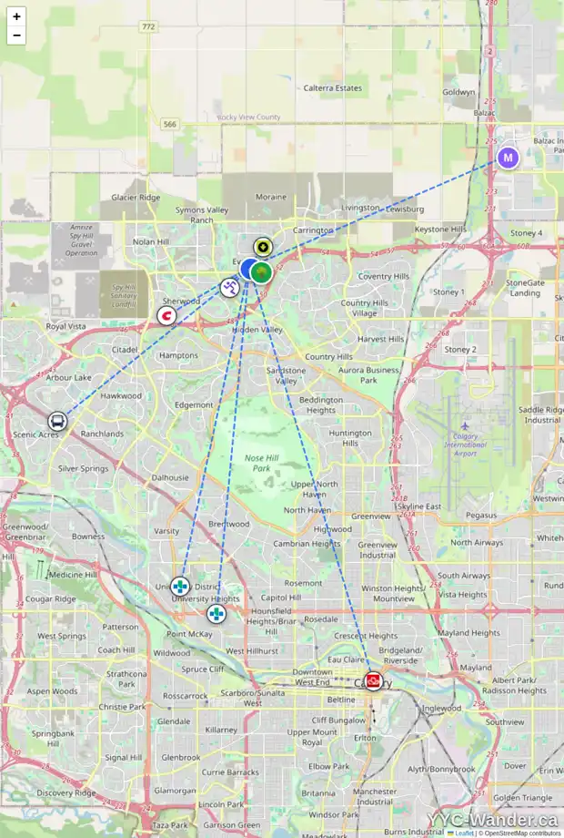 Daily accessibility map for 333 EVANSPARK CI NW, Calgary showing nearby schools, grocery stores, parks, LRT stations and nearby amenities