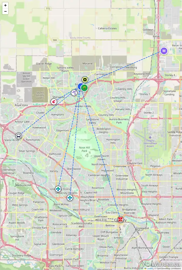 Daily accessibility map for 337 EVANSPARK CI NW, Calgary showing nearby schools, grocery stores, parks, LRT stations and nearby amenities