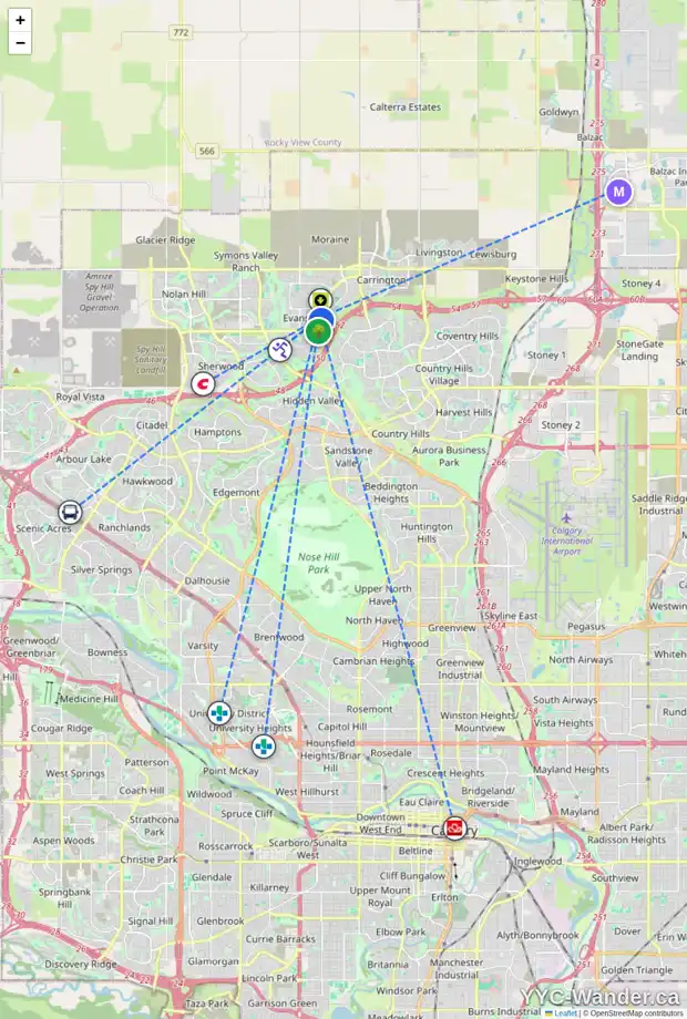 Daily accessibility map for 4 EVANSPARK CI NW, Calgary showing nearby schools, grocery stores, parks, LRT stations and nearby amenities