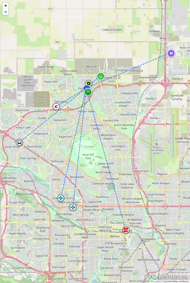 Daily accessibility map for 76 EVANSPARK CI NW, Calgary showing nearby schools, grocery stores, parks, LRT stations and nearby amenities