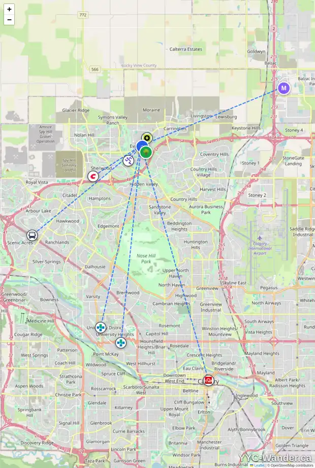Daily accessibility map for 108 EVANSPARK CI NW, Calgary showing nearby schools, grocery stores, parks, LRT stations and nearby amenities