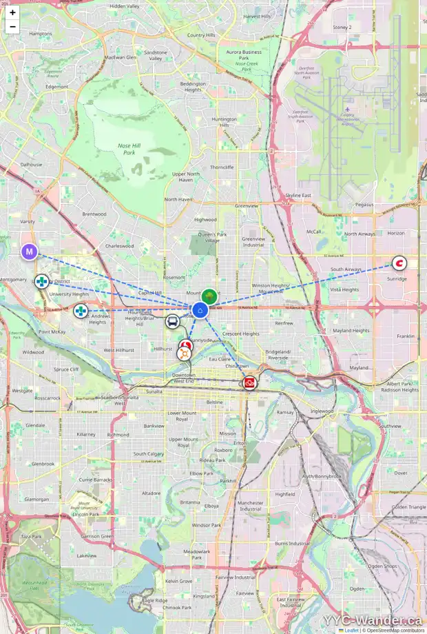 Daily accessibility map for 1636 7A ST NW, Calgary showing nearby schools, grocery stores, parks, LRT stations and nearby amenities