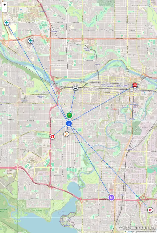 Daily accessibility map for 102 1908 28 AV SW, Calgary showing nearby schools, grocery stores, parks, LRT stations and nearby amenities